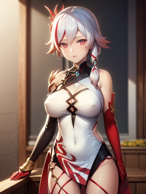 (masterpiece, best quality:1.2), cowboy shot, solo, 1girl, hi3fuhua, expressionless, looking at viewer, ponytail, hair ornament, china dress, sleeveless dress, single thighhigh, gloves, bare shoulders, (masterpiece),best quality, expressive eyes, perfect face, 1girl,
big breast, H-cup, good breast, beautiful, gorgeous,anime,girl,lora,
nipple visible though clothes,