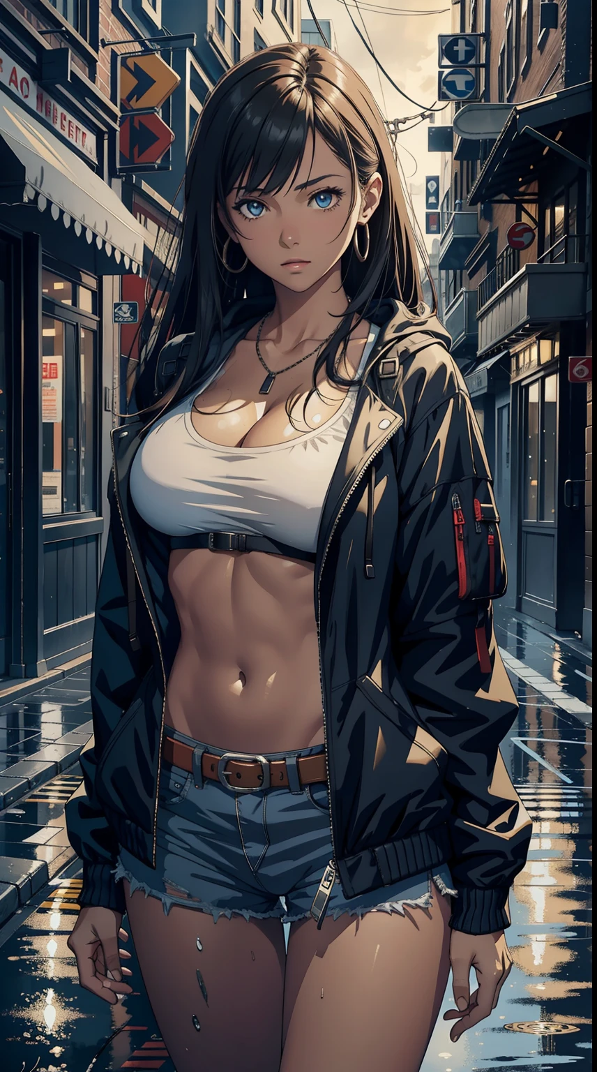 (best illumination, best shadow, masterpiece, high quality), 1 girl, upper body shot, perfect body, huge breasts, jacket, rain, outdoor, sweatshirt, open jacket, chain, backpack, looking at other, hair split in middle, tanned skin, female focus, trend in artstation, 8k resolution, highly detailed, anatomically correct, sharp image, digital painting, concept art, trend in pixiv