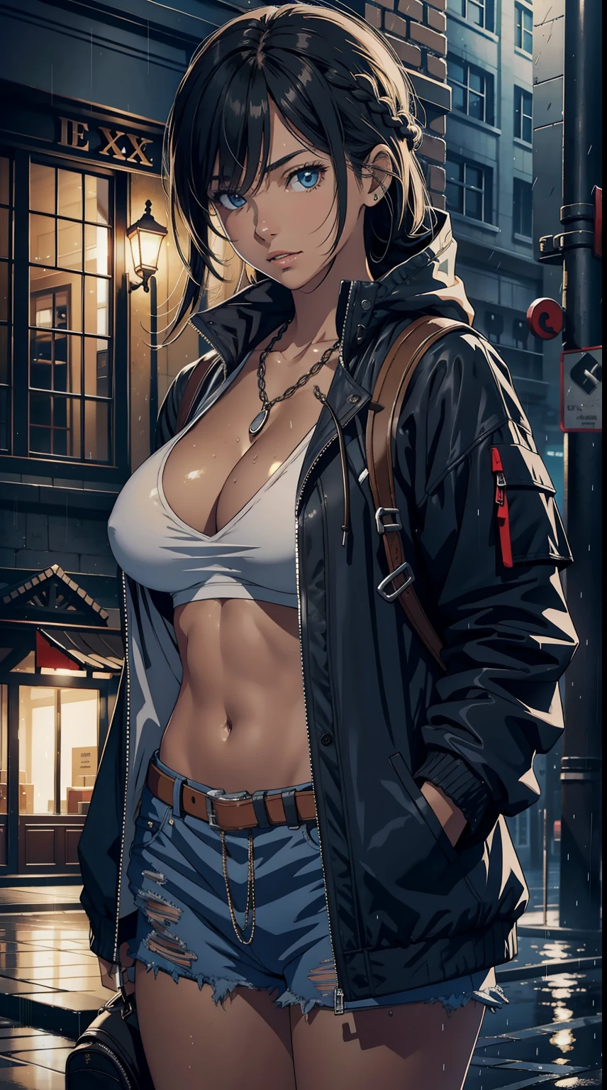 (best illumination, best shadow, masterpiece, high quality), 1 girl, upper body shot, perfect body, huge breasts, jacket, rain, outdoor, sweatshirt, open jacket, chain, backpack, looking at other, hair split in middle, tanned skin, female focus, trend in artstation, 8k resolution, highly detailed, anatomically correct, sharp image, digital painting, concept art, trend in pixiv