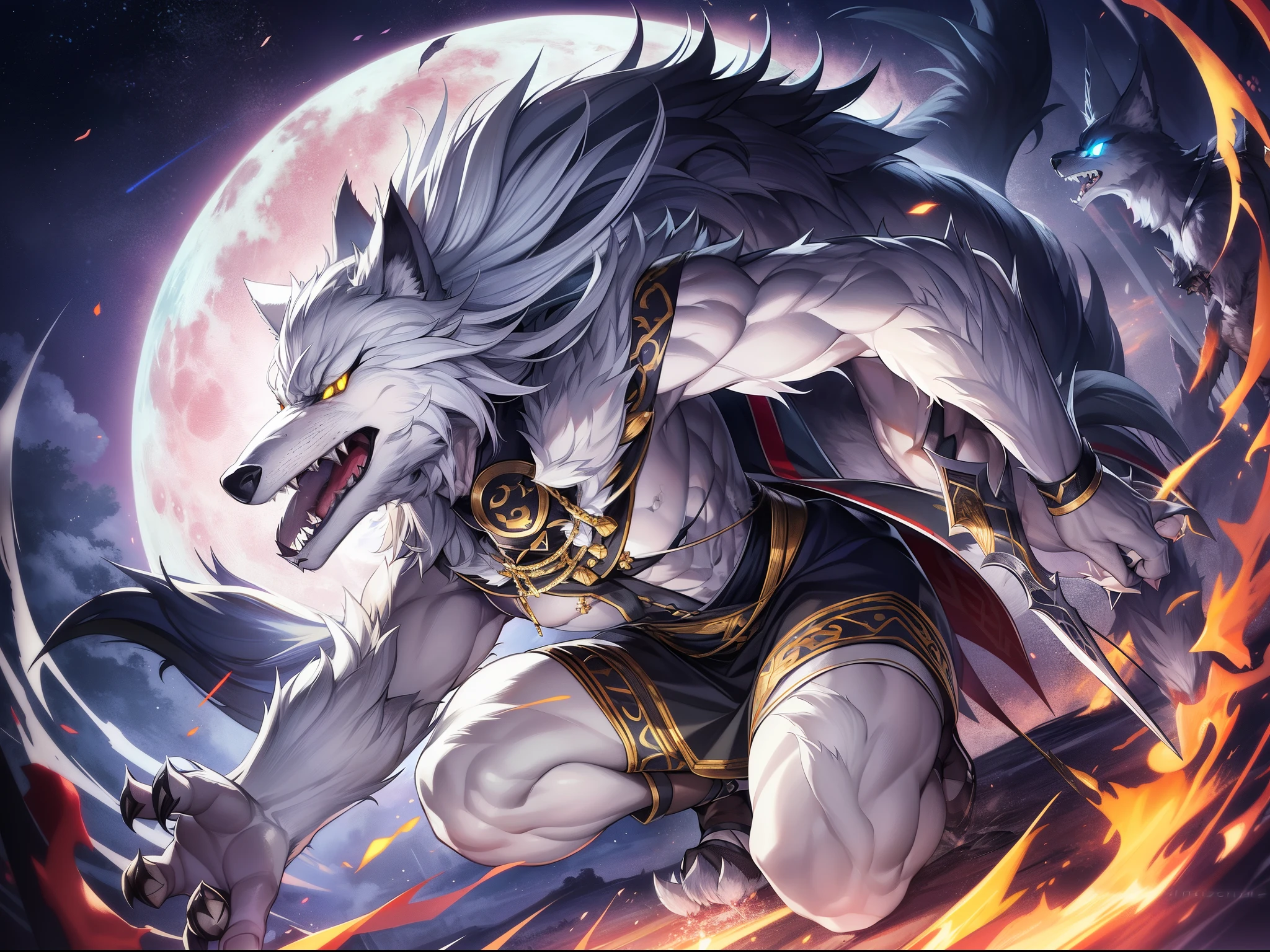 Outrageous resolution、masutepiece++,top-quality++,ultra-defined++, ultra-defined++,4K++,8K++,(Background Focus)++, Highly detailed, Viewer's Perspective、Dark world、mid night、mysterious full moon forest、muscular werewolf、muscular werewolf、muscular lycanthrope、well-muscled、coyote、Silver Wolf、white wolf、Black Wolf、Shining eyes、Golden Eyes、Veteran、A body full of scars、howling、Full Body Furry、Sharp eyes、sharpteeth、Sharp fangs、sharp claws、sharp limbs、bristling fur、lone wolf、absolute champion、