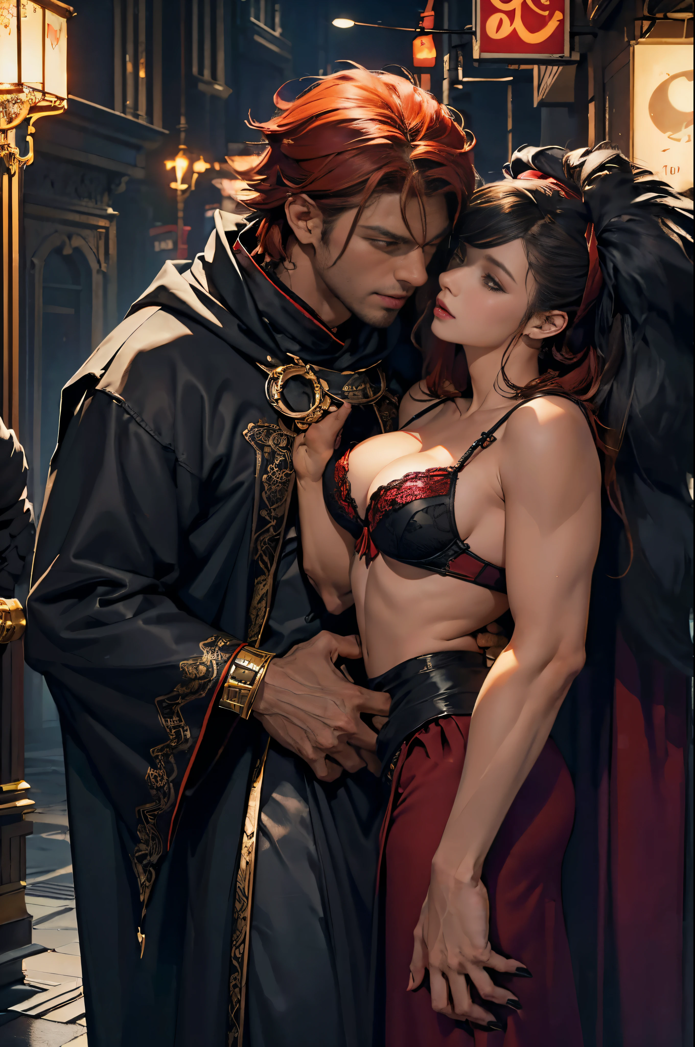 Depicts a powerful werewolf hugging a blonde girl，(((black humanoid wolf)))，(((Black furry humanoid wolf)))，(((beautiful sexy girl)))，(((Girls wear：red head band, cloaks, Large bra, a skirt, red long skirt，laced dress)))，((Sexual suggestiveness))，Correct anatomy，Detailed faces, A detailed eye，(((the right proportions)))，The city at night，The lights came on，romantic love story，Warm pictures，warm color palette，