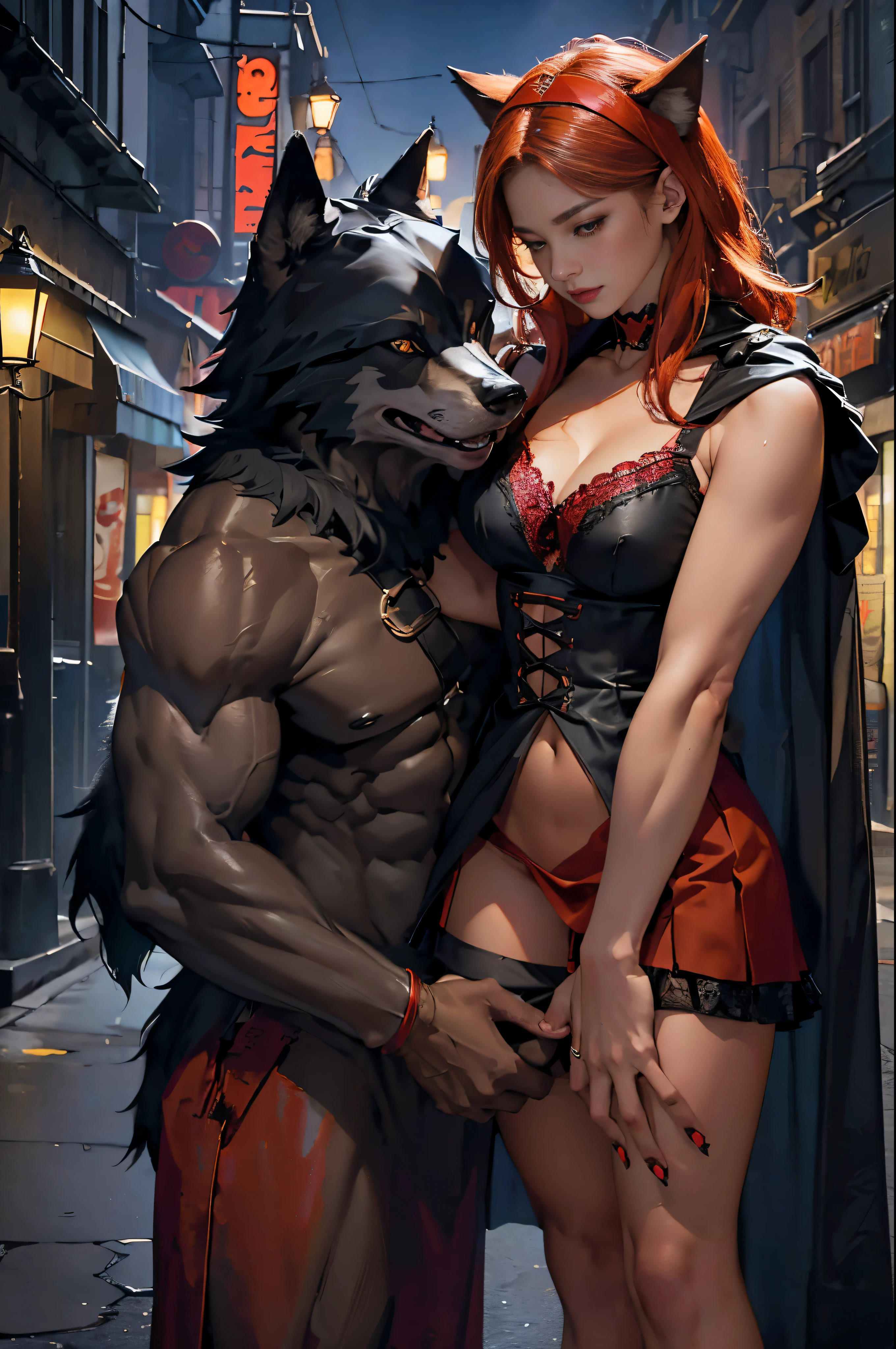 Depicts a powerful werewolf hugging a blonde girl,(((black humanoid wolf))),(((Black furry humanoid wolf))),(((beautiful sexy girl))),(((Girls wear:red head band, cloaks, Large bra, a skirt, red long skirt,laced dress))),((Sexual suggestiveness)),Correct anatomy,Detailed faces, A detailed eye,(((the right proportions))),The city at night,The lights came on,romantic love story,Warm pictures,warm color palette,Photorealsitic,ultra real photo,