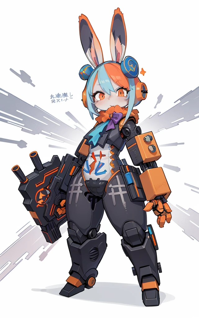Pamney the clown transforms into a mechanical rabbit, Cartoon image of robot rabbit holding gun, Holding a huge carrot shield in his right hand, Red and blue color scheme, Magic Number Circus, pomni, the_amazing_digital_circuit