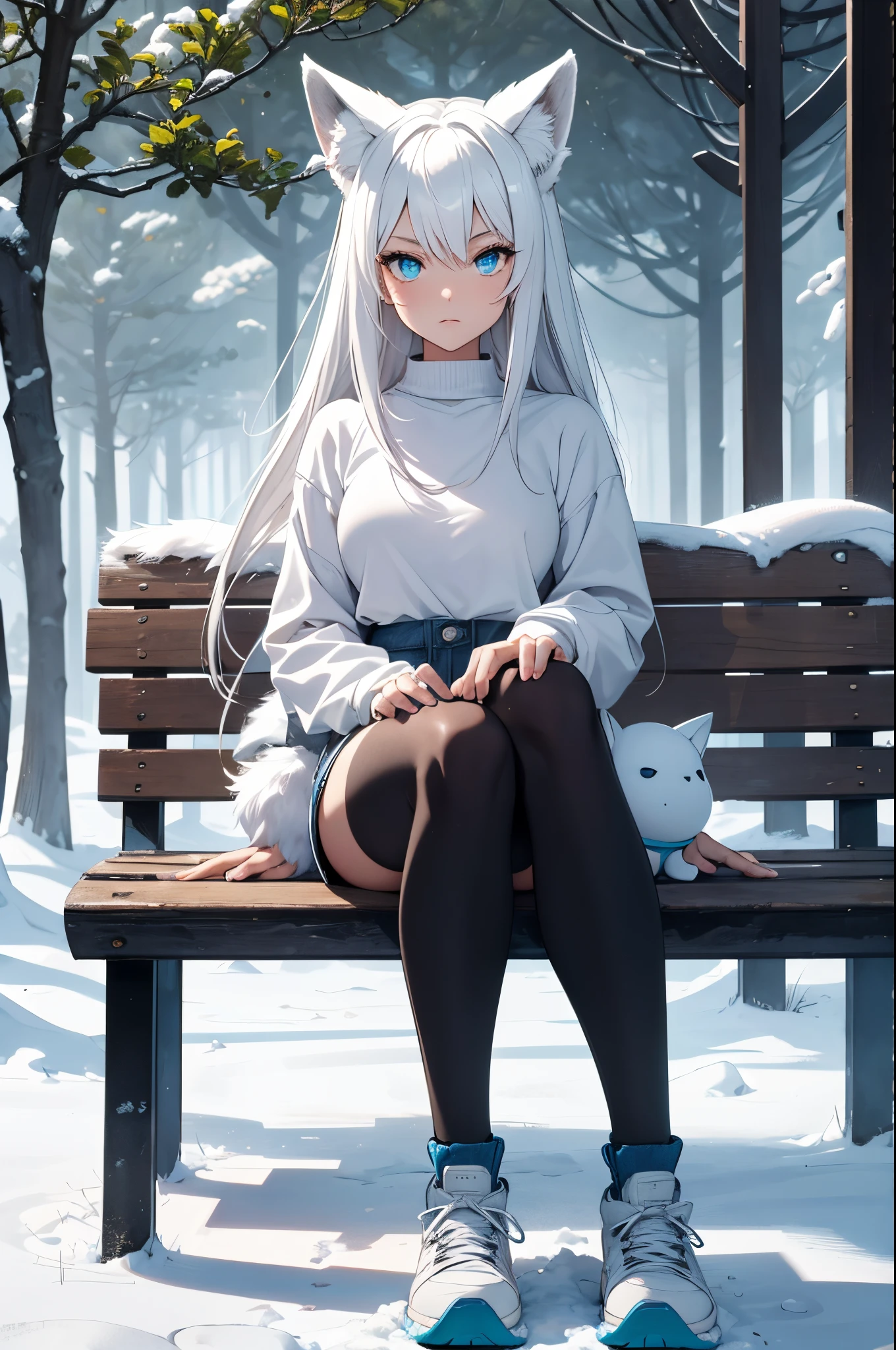 {{masterpiece, official art, 8k, extremely detailed, detailed}}, 1girl, perfect face, perfect fingers, perfect arms, (Sketch:1.2), (broad shoulders:1.2), perfect anatomy, white hair, tight jeans, white sweatshirt, furry, fox girl, arctic fox girl, white fur, face portrait, full body, white|black sneakers, sincere, medium breasts, athletic, tall girl, muscular girl:1.3), denim shorts, fur on hands, fur on legs, small fox ears, vertical pulpils, cyan eyes, blue eyes, serious, perfect face, strong girl, dark street, snow, snow town (fog town:1.1), grass in park, black tights, sitting on bench