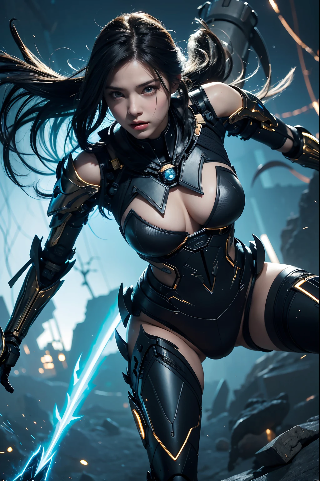 [kristin kreuk] yellow full eyes, blue full hair, tousled lob haircut, fullbody attack, masterpiece, best quality, detailed, beautiful lighting, fusionned cyborg body with harpie, s450, a cyborg warrior with a mysterious past, engages in a fierce battle against other cyborgs. amidst a chaotic battleground, she unleashes her formidable combat skills, showcasing her agility, strength, and mastery of her harpie-infused cyborg body. the opposing cyborgs, each with their unique physical traits, stand no chance against her relentless onslaught. with her damaged yet determined appearance, she embodies the relentless spirit of a warrior who will stop at nothing to achieve her objectives. the scene is illuminated by stunning lighting, capturing the intensity and drama of the combat as sparks fly and energy pulses through the air. every detail, from the intricate metallic components of the cyborgs to the dynamic poses and expressions, is rendered with exceptional attention to detail, creating a visually captivating masterpiece., ((best quality)), ((masterpiece)), (high-resolution:1.2)