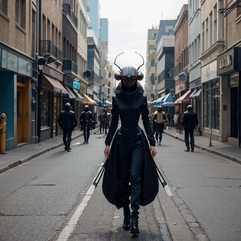 the street of a city in a distant alien world, very strange insect-like creatures walking through the streets in very elegant outfits, small robots as pets, ultra realism, high definition,