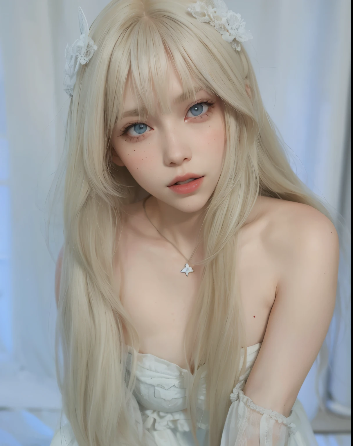 Chica rubia con pelo largo y un vestido blanco posando para una foto., Cabello largo y blanco y flequillo, pale porcelain white skin, flequillo blanco, Cabello largo y rubio y ojos grandes, Hermosa Delphine, pale hair, Cabello largo y rubio y ojos grandes, con pelo largo blanco, Peinado blanco de corte hime, porcelain pale skin, cabello rubio muy, very pale