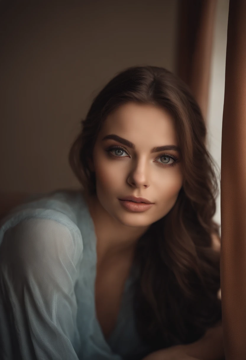 arafed frau voll , Sexy girl with brown eyes, ultra realistisch, Akribisch detailliert, portrait sophie mudd, brown hair and big eyes, Selfie einer jungen Frau, Augen im Schlafzimmer, Violet Myers, ohne Make-up, Natural makeup, Blick direkt in die Kamera, Gesicht mit Artgram, dezentes Make-up, Stunning full body shot, die auf dem Bett kniet, im Schlafzimmer, medium to large bust size