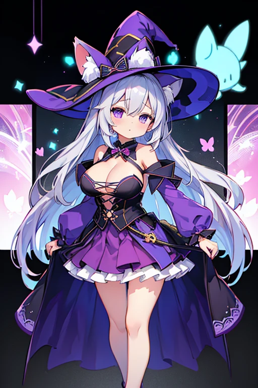 Only one girl、Lori、独奏、Beautiful girl with long gray hair、animesque、Cat's ears、A vivid erotic magic costume with a purple base that exposes the cleavage.、a short skirt、witch's hat、large boob、Standing facing the front、Displays the whole body from head to toe、camera work from the front