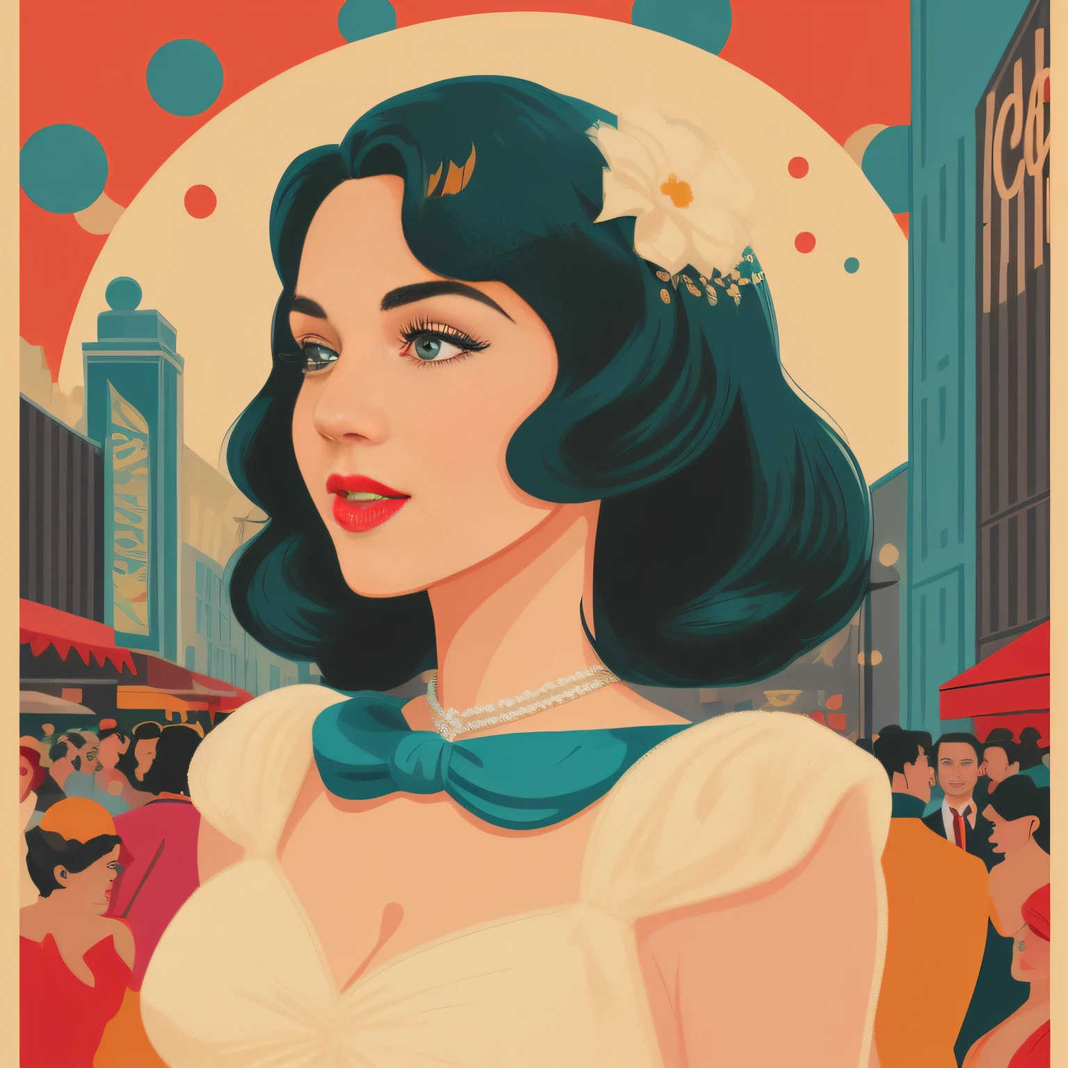 a close up of a person in a dress and a crowd of people, vector art by Lee Loughridge, trending on cg society, pop art, in style of digital illustration, art deco illustration, art deco portrait, digital art of an elegant, retro illustration, movie illustration, digital illustration -, vector art style, 1950s illustration style