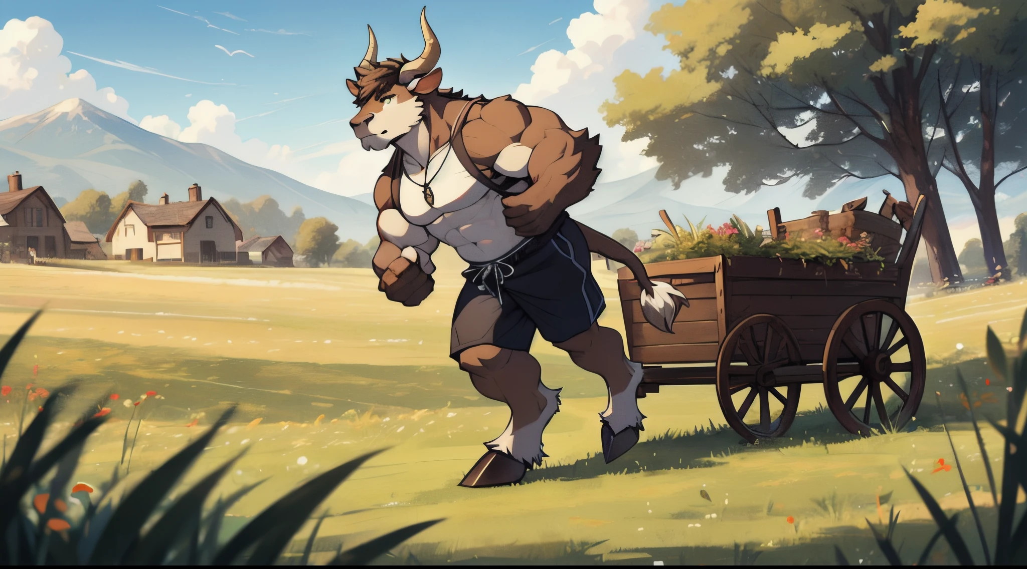 an anthropomorphic bull-man is pulling a four-wheeled cart across a grassy field during the day, ((solo, walking, pulling, looking ahead)), male, ((anthro, bull-man, medium-length horns, bovine tail, muscled body, hooves, two-tone fur, brown and white furred body)), calm expression, green eyes, (loose tan medieval shorts), grasslands background, small village background