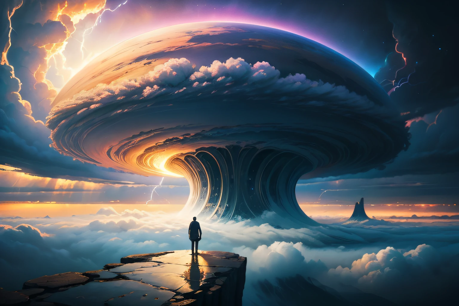 a man standing on a hill looking at a distant landscape, digital art inspired by Cyril Rolando, trending on Artstation, space art, beeple and tim hildebrandt, artgem and beeple masterpiece, beeple and jeremiah ketner, realism | beeple, beeple and jean giraud, beeple and greg rutkowski painting of a large cloud with a tornado swirl coming out of it, a surrealist painting by Michael Sutfin, shutterstock contest winner, surrealism, android jones and rhads, cloud vortex, thick swirling tornado, surrealistic painting, surrealist landscape painting, thunder clouds modernism, surreal scene, surreal clouds, jacek yerka and vladimir kush, surreal painting, lightning , star fields