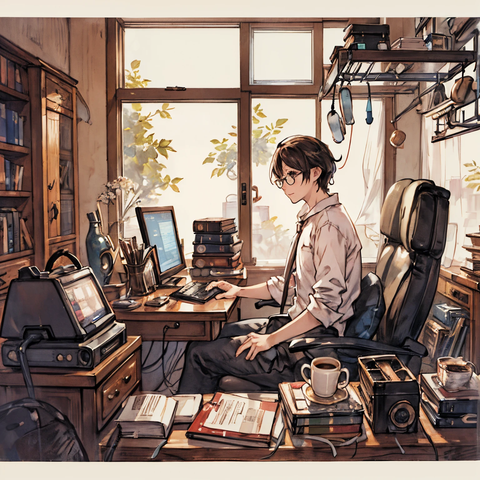 (masutepiece), A sexy、Natural light, Photorealistic, Cameltoe, diffuse glow, depth of fields, big eye、Black eyes、profetional lighting、Must have black eyes、office work、room surrounded by books、Computer work、that person is a man、Drinking coffee、Wearing glasses、