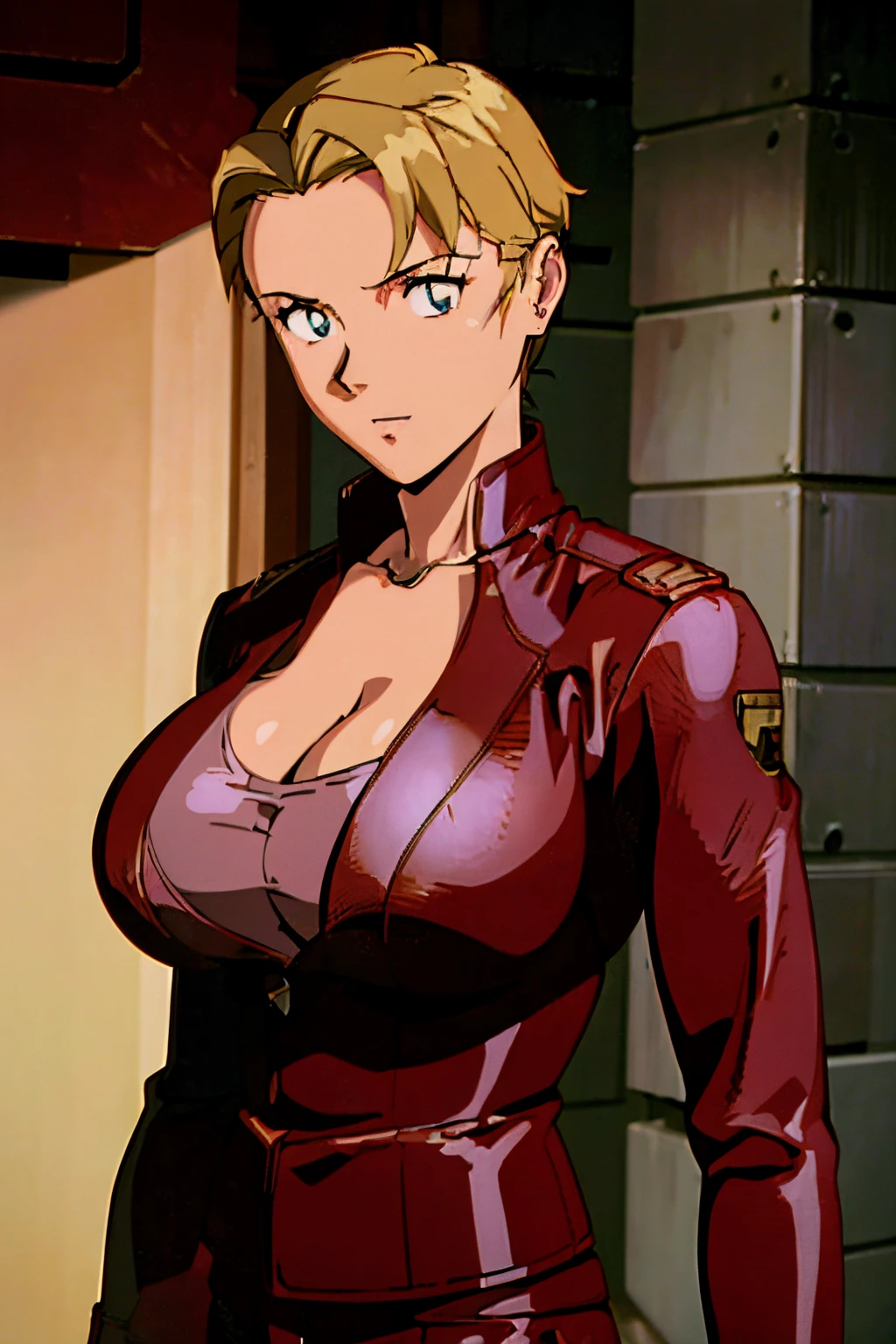 KristannaTX,1woman,(huge_breasts:1.3) extremely detailed eyes and face, beautiful detailed eyes, (upperbody:1.2),(blond_short_hair:1.1)(wearing red leather_jacket leather_longpants ),(best quality), (masterpiece), detailed,evangelion anime style, anime screencap, 1990s_\(style\), cleavage, busty