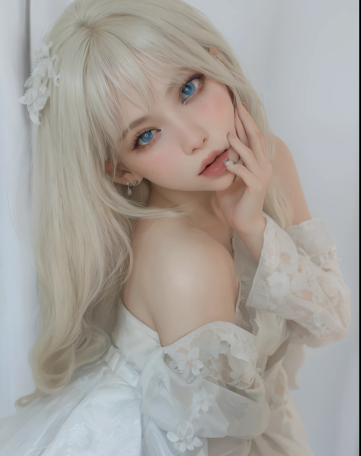 Chica de pelo rubio con ojos azules y un vestido blanco posando para una foto., Cabello largo y blanco y flequillo, Lalisa Manobal, Hermosa Delphine, pale porcelain white skin, pale milky white porcelain skin, flequillo blanco, con pelo largo blanco, extremely pale blond hair, Retrato de Kim Petras, Shikamimi, con el pelo largo y blanco, Articulated doll with ball