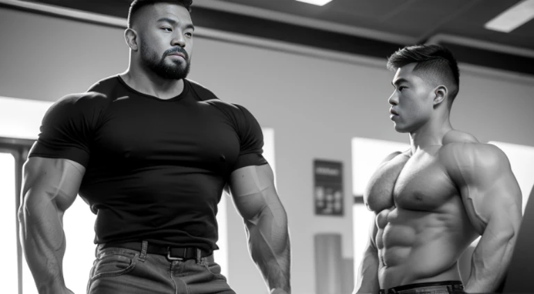 (Very detailed 8k wallpaper), two asian men, muscle worship, arms folded, At the gym, high detailing, buzzcut, very large and strong body, bulging muscles, well-muscled, very large pectoral muscles. Very sexy abs, legs are muscular, Toned figure, lightens oily skin, muscular, Tank top, T-shirt, longshot, Wide Shot