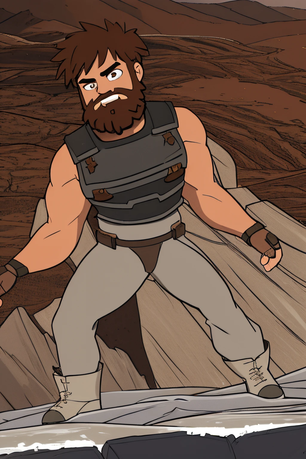 close up 1man in, bearded, Solo, brown hair, messy brown hair, short hair, dark eyes,  taned skin, heavy set, big boned, strong, thick body, manicured beard, grey strip in beard, detailed skin, neutral face, (wearing Hunter armor, leather pants, van braces, big boots, fingerless gloves: 1.1), (fighter stance: 1.22), (detailed mountainous background:1.1), valley, overlooking waterfall, 4k textures, soft light, elegant, highly detailed, sharp focus, soothing tones, insane details, intricate details, hyperdetailed, low contrast, exposure blend, hdr, faded