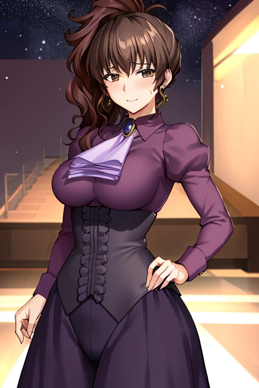 (masterpiece),(best quality), ushiromiya natsuhi, long dress, violet dress,  side ponytail, earrings, purple shirt,  ascot, brooch, corset, ankle boots,  ((Tight leotard)), ((sexy pose)), ((Wrestling ring)), (Big tits), (Wide hips), looking at the viewer, milky way,