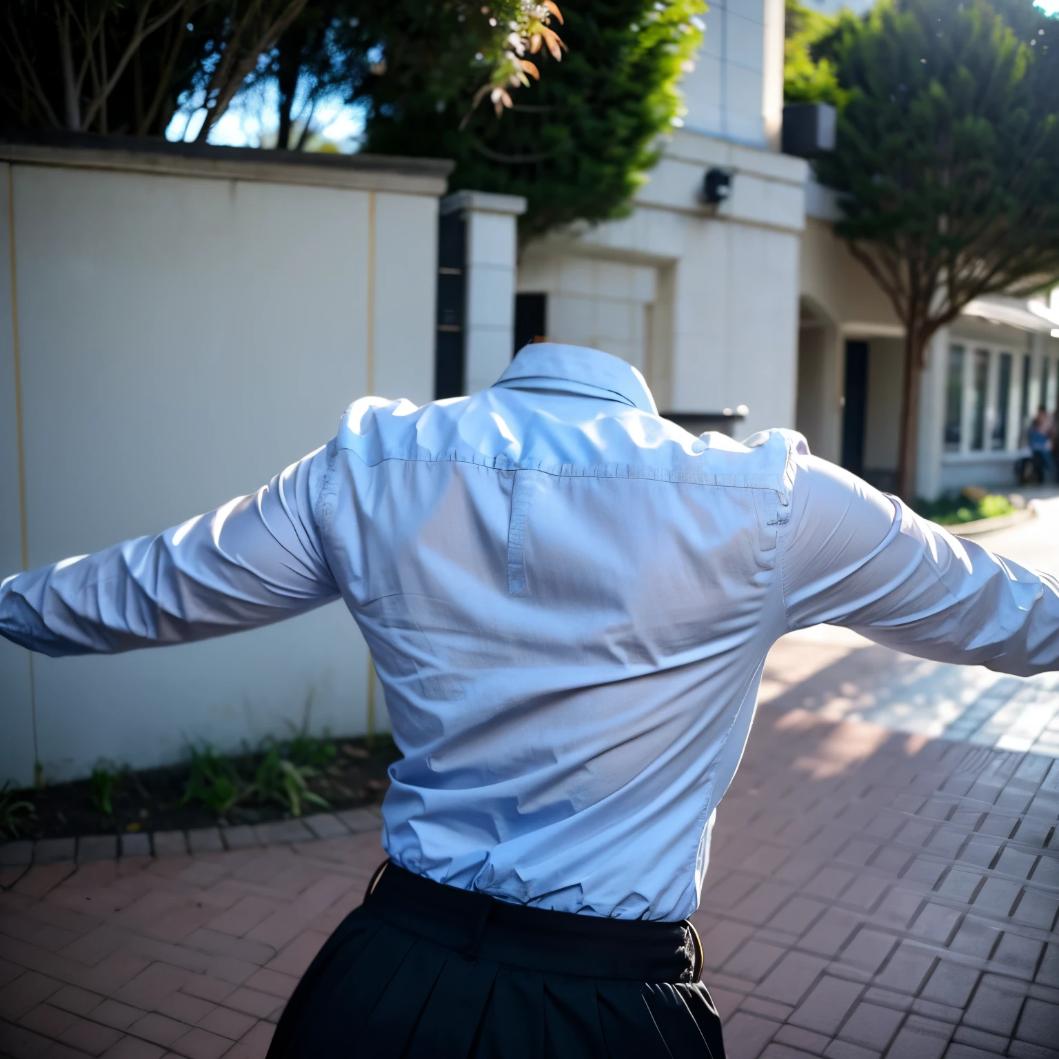 (chubby, fat), school uniform, school tie, in summer, (from back:1.6), (chest pocket), (cute pose), (invisible, no humans, headless, faceless:1.5), (cute big breasts), (close-up shot of hip), (16k, RAW photo, best quality, masterpiece:1.3), (realistic, photo-realistic:1.37), photon mapping, radiosity, ((Hasselblad photography)), physically-based rendering