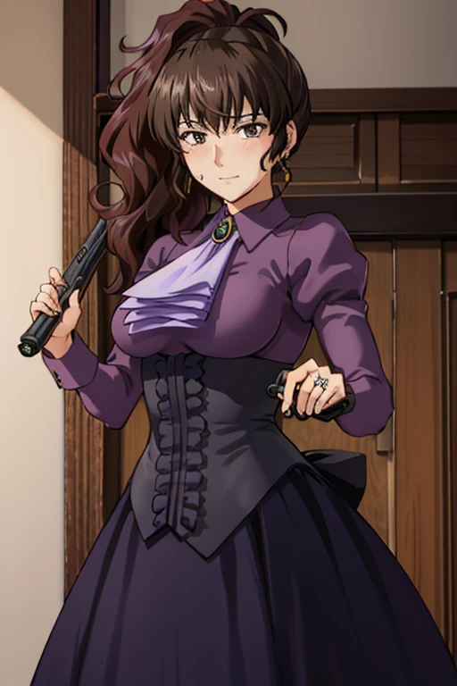 (masterpiece),(best quality), ushiromiya natsuhi, violet dress, long dress purple shirt, side ponytail, ascot, brooch, earrings, corset,  ((Tight leotard)), ((sexy pose)), ((Wrestling ring)), (Big tits), (Wide hips), looking at the viewer, Winchester rifle, holding weapon, winchester, shotgun,