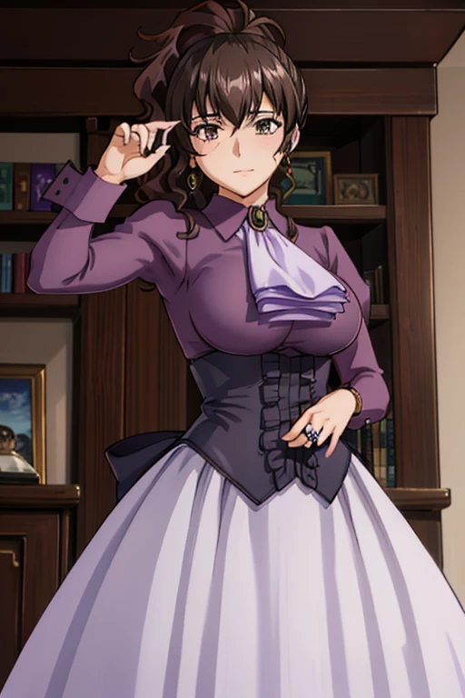 (masterpiece),(best quality), ushiromiya natsuhi, violet dress, long dress purple shirt, side ponytail, ascot, brooch, earrings, corset,  ((Tight leotard)), ((sexy pose)), ((Wrestling ring)), (Big tits), (Wide hips), looking at the viewer, Winchester rifle, holding weapon, winchester, shotgun,