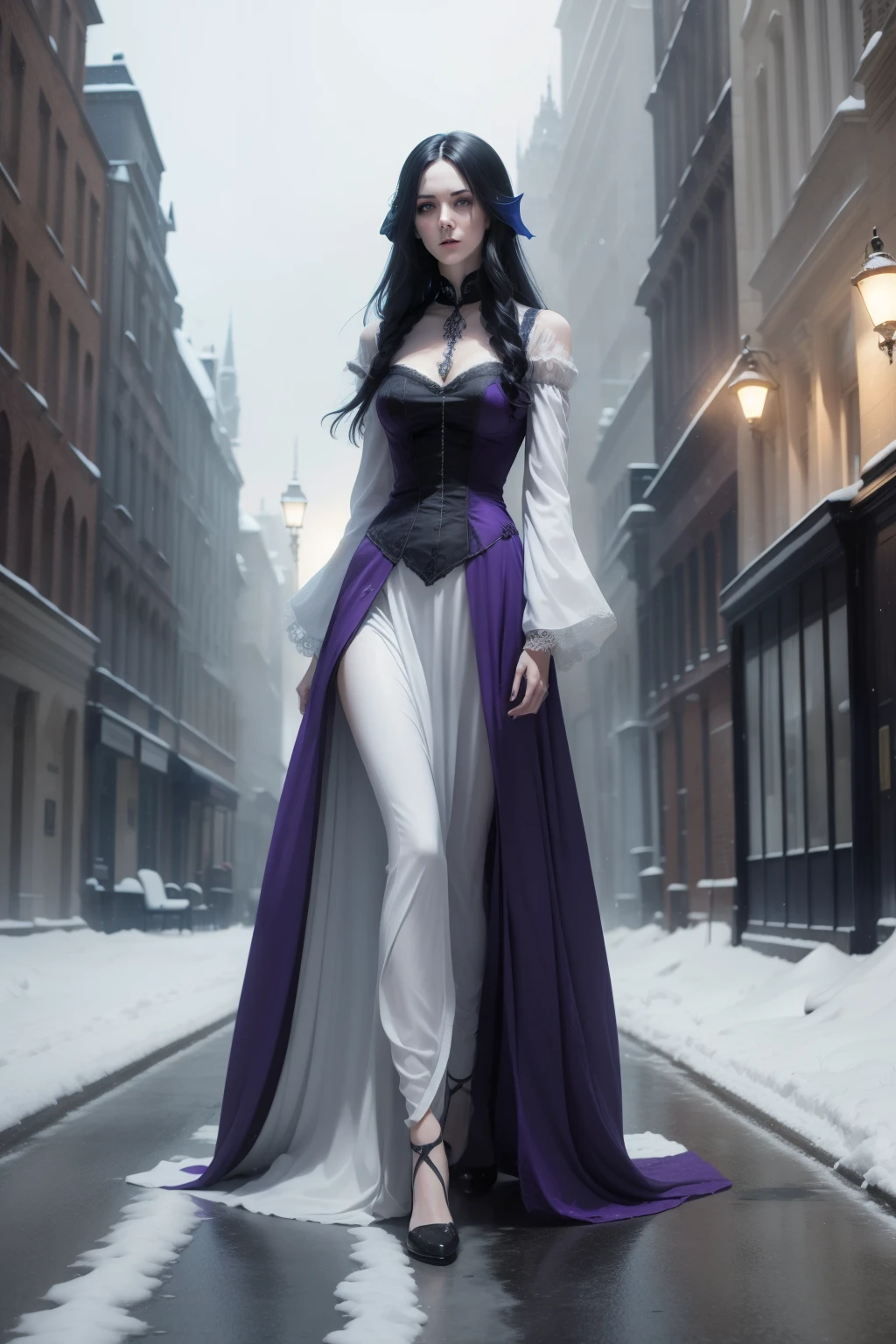 long shot. high action. modern gothic horror painting in shades of blue and purple. snowy, deserted London street at midnight. (2girls) a slender, pale black-haired woman, with a bony face, wearing a tattered purple Victorian dress in high action face-to-face battle with an evil blonde vampire, fangs exposed, dressed in skin-tight white nightgown. [cars: 1.3] [technology: 1.3]