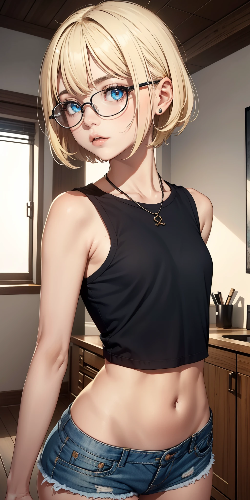 8K、Top image quality、​masterpiece、Winters、Japanese high school girl meets her friends in the classroom、Straight face、Shorthair、a blond、silk black underwear、A detailed eye、facial close-up、profile