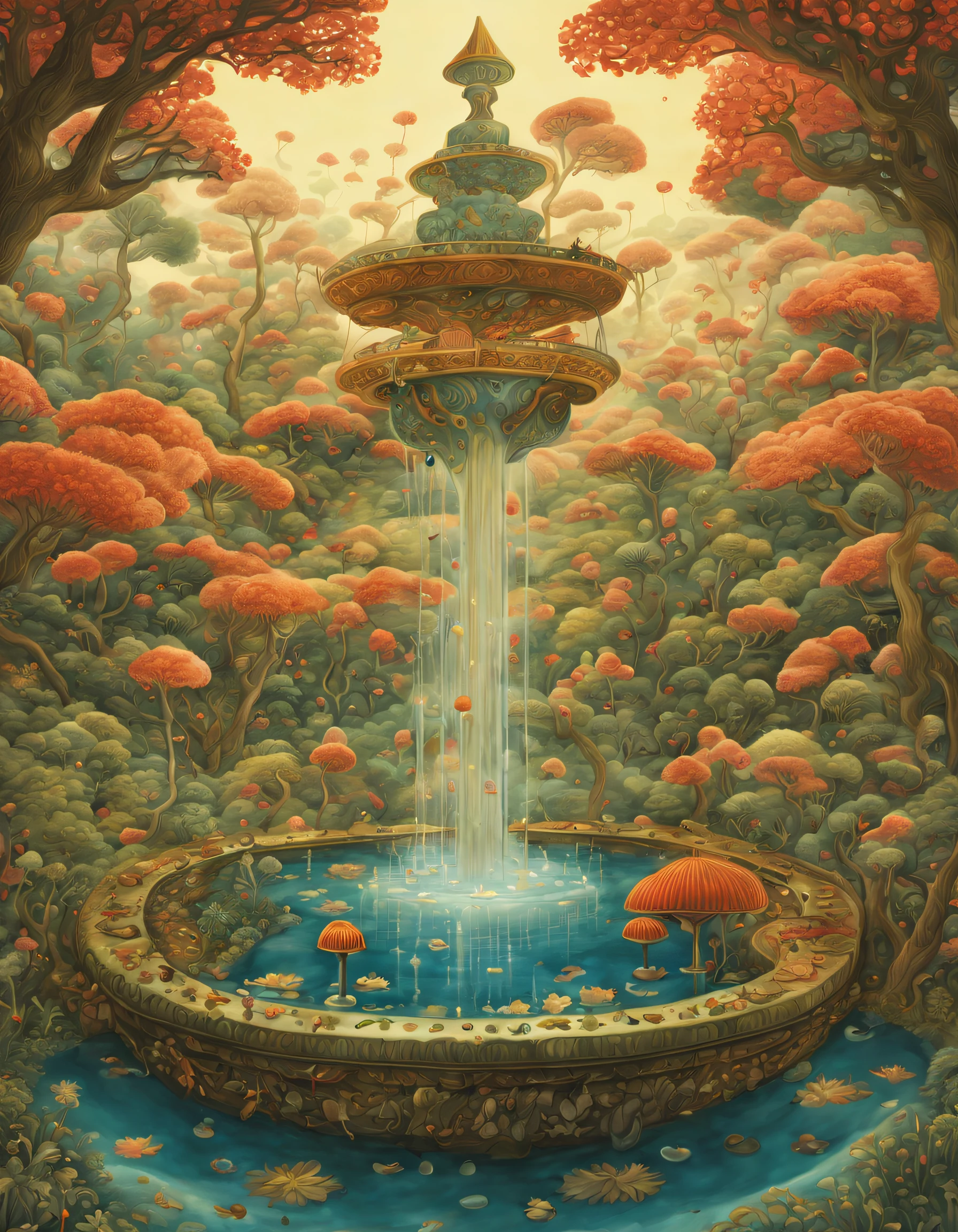 Magical mysterious ethereal scenery superb surreal fountain , the ultra-detailed, Beautiful digital illustrations by James R. edited, by Audrey Kawasaki, by Amy Sole, author：naoto hattori, yayoi kusama, by Ghibli Studio，No border,