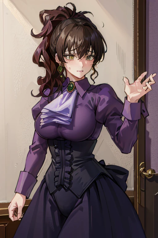 (masterpiece),(best quality), ushiromiya natsuhi, long dress, violet dress, side ponytail, earrings, purple shirt, ascot, green brooch, yellow eyes,  corset, ((Tight leotard)), ((sexy pose)), ((Wrestling ring)), (Big tits), (Wide hips),