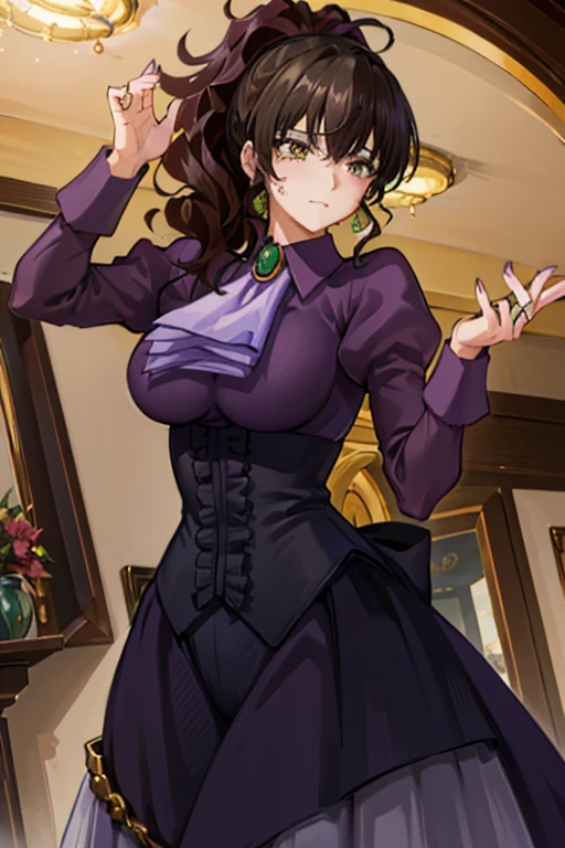 (masterpiece),(best quality), ushiromiya natsuhi, long dress, violet dress, side ponytail, earrings, purple shirt, ascot, green brooch, yellow eyes,  corset, ((Tight leotard)), ((sexy pose)), ((Wrestling ring)), (Big tits), (Wide hips),