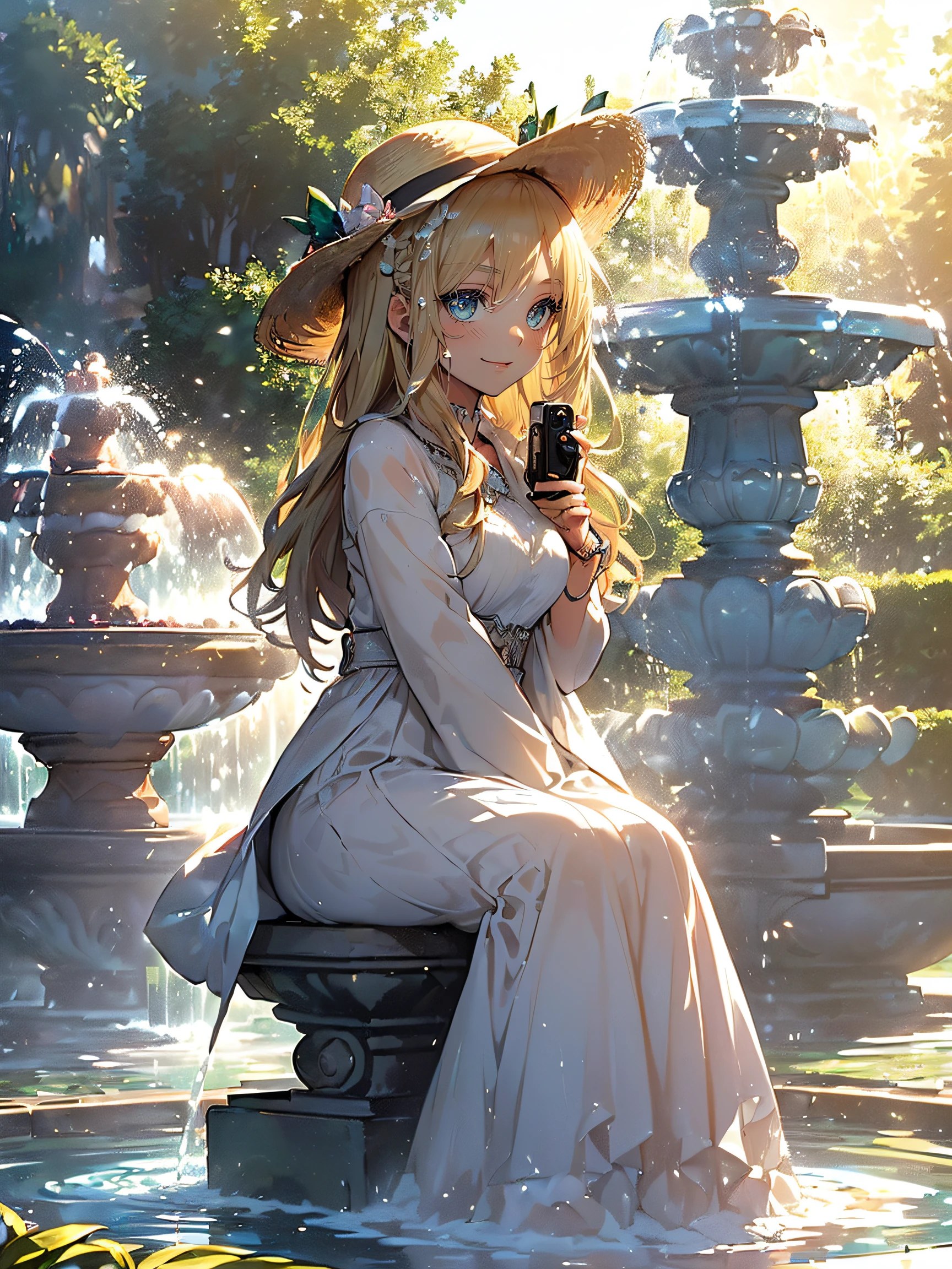 Fountain and beautiful girl:1.5, (Fountain:1.4), (a structure that shoots water into the air for decoration or amusement:1.3), (usually found in parks, gardens, or squares:1.3), (often has lights, music, or sculptures to enhance the beauty:1.3), (the fountain is a large circular basin with a central jet:1.3), (the jet sprays water up to 15 meters high:1.3), (the water falls back into the basin creating a splash:1.3), (the fountain has a rainbow effect when the sun shines on it:1.3), (the fountain has a soothing sound of running water:1.3), (Beautiful girl:1.4), (a young woman who is attractive and pleasing to the eye:1.3), (usually has a symmetrical face, clear skin, and bright eyes:1.3), (often wears clothes, accessories, and makeup that suit her style and personality:1.3), (the beautiful girl is sitting on the edge of the fountain:1.3), (she is wearing a white dress and a straw hat:1.3), (she has long blonde hair and blue eyes:1.3), (she is holding a camera and taking pictures of the fountain:1.3), (she is smiling and enjoying the scenery:1.3), (a portrait of the fountain and the beautiful girl in the background:1.4)