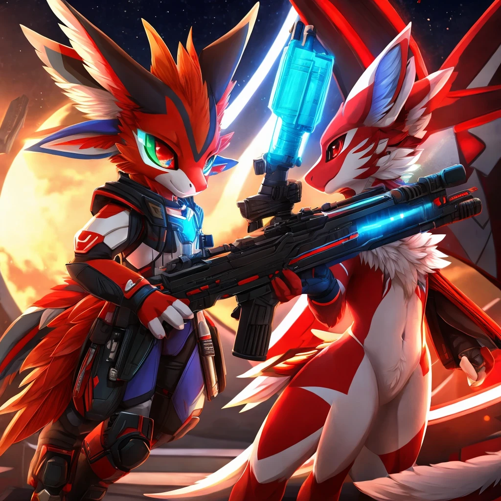 Avali has red and white fur and a high-tech gun..