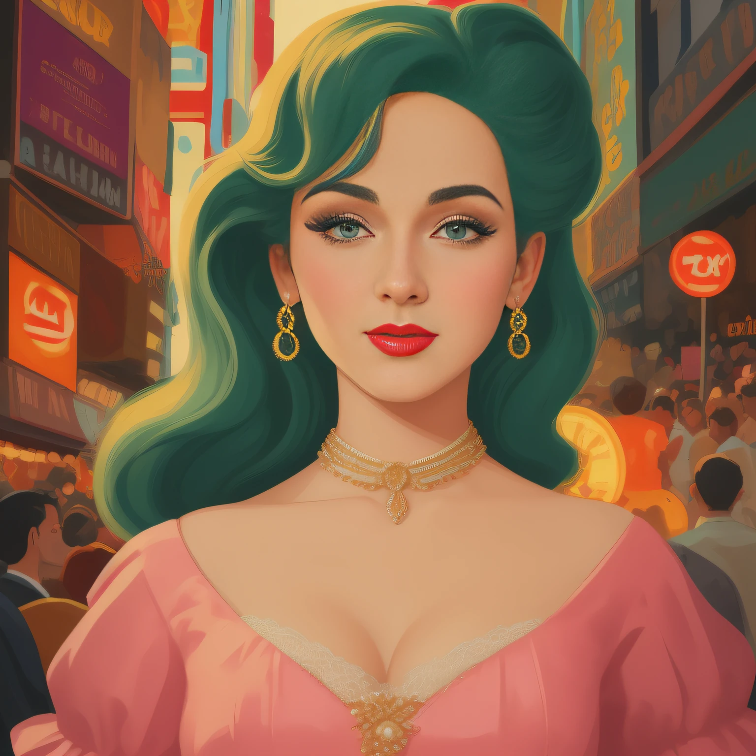 a close up of a person in a dress and a crowd of people in New York City, vector art by Malika Farve, trending on cg society, pop art, in style of digital illustration, art deco illustration, art deco portrait, digital art of an elegant, retro illustration, movie illustration, digital illustration -, vector art style, 1950s illustration style