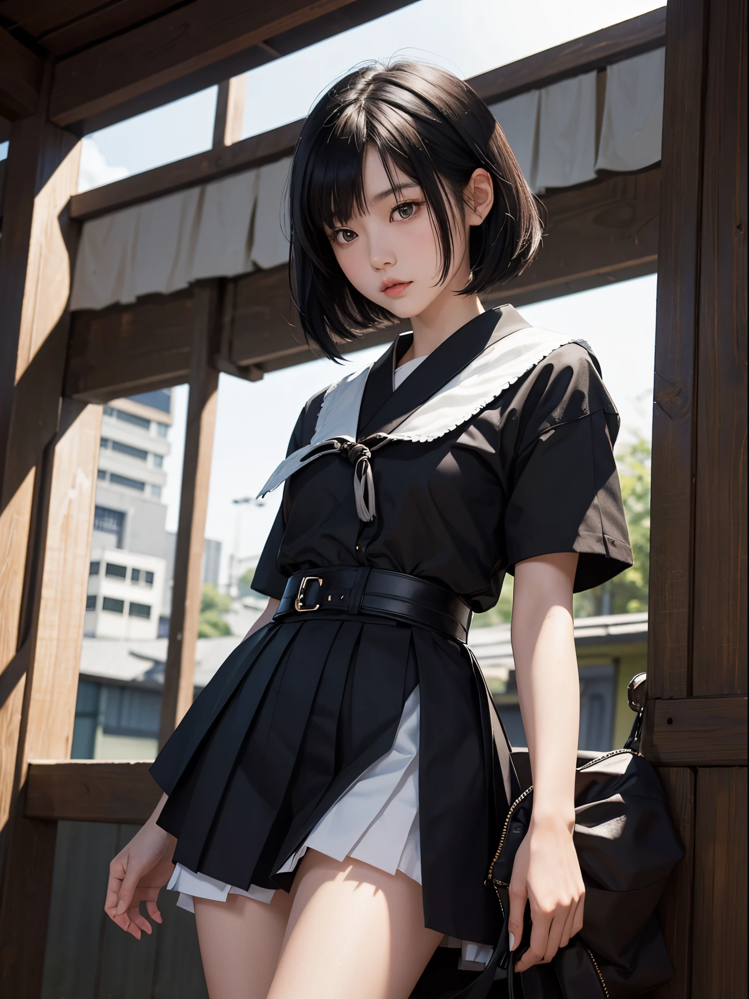 She is a japanese school girl. Short black Hair. White Skin. (Dark Fantasy).