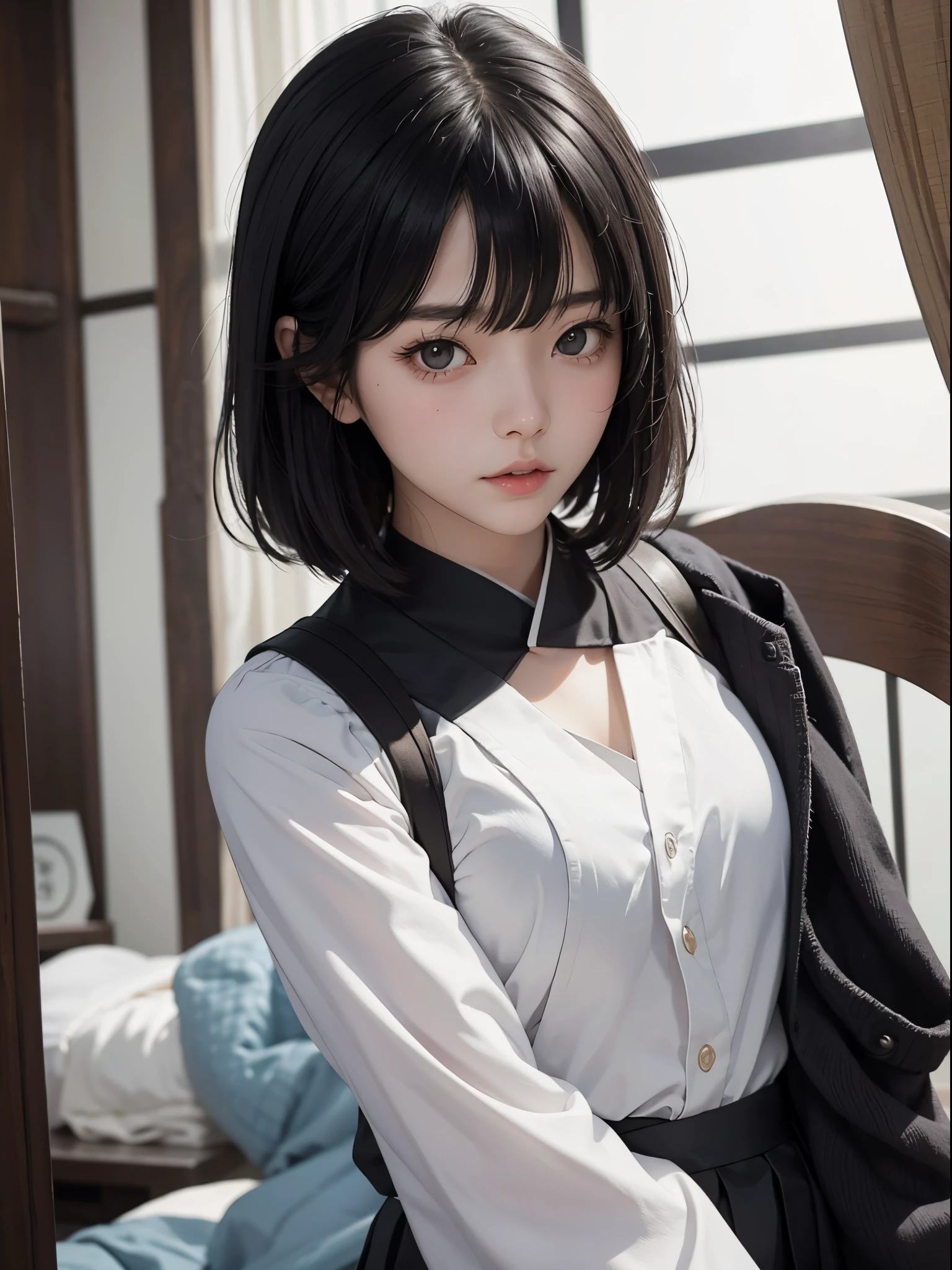 She is a japanese school girl. Short black Hair. White Skin. (Dark Fantasy).