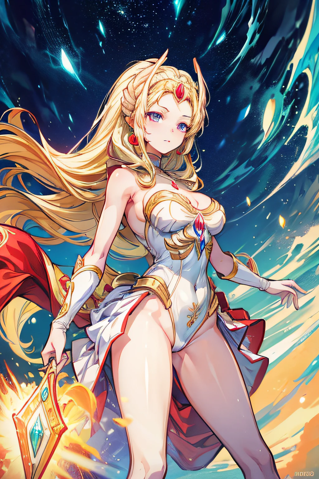 masterpiece, best quality, ultra-detailed, illustration, wide angle, 1girl, SheRaQuiron character, white leotard, golden armelts