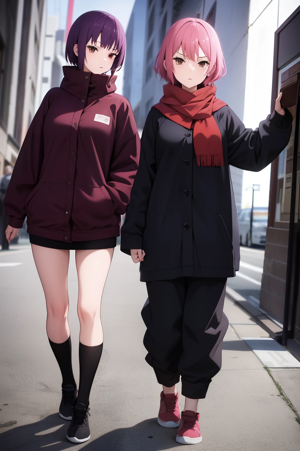 Cute girl , Short pink hair , Dark purple clothes , Combat stance , Brown eyes , Rough clothe s, baggy clothes , full body , Red scarf , adult girl , sexy body , sexy