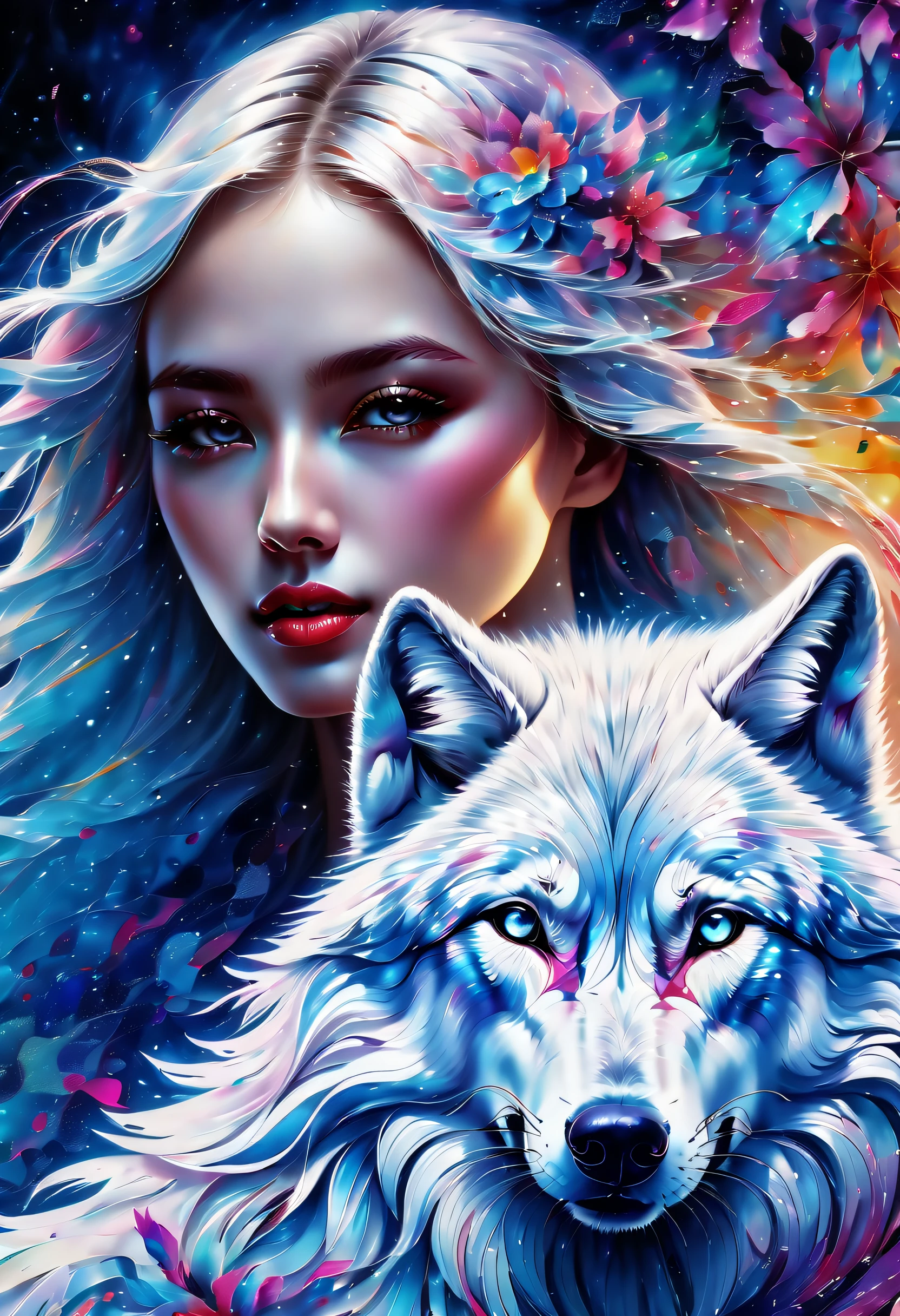 (((eternal fantasy irresistible allure detail glow slim girl of alcohol ink illustration:1.3))), (((and stunning white wolf of beautiful delicate fur:1.3))), (((radiosity rendered in stunning 32k resolution:1.3))), highest quality, highly quality, (((crisp clarity that is unmatched:1.3))), (((beautiful detail glow:1.3))), imagine a visually striking illustration of a fountain, extremely incredibly detailed, intricate insane details, incredibly detailed, ((sleek stylish insane detail:1.3)), best quality, ultimate quality, ethereal quality, ultra quality, enchanting beauty quality, every detail captured illustration, exquisite dark and rich beauty detail, true masterpiece, (hyper realistic:1.3), (((holography style coating:1.2))), (((elaborate wish:1.4))), intricate surface detail, detailed painting, foreboding colors, starkly beautiful aesthetics, absurd resolution, hauntingly beautiful, sensitive detailed texture, amazing wonder background detail, expert precision including intricate examples of undeniably amazing image quality and detailed design, (((all captured in sharp focus:1.4))), (((rendered in stunning depth range 32k resolution:1.3))),