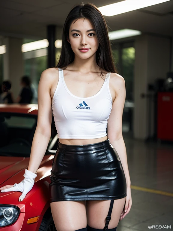 (8K, Best Quality, Masterpiece:1.2), (Realistic, Photorealistic:1.37), Ultra Detail, 1 Girl,Cute, Solo, (Tipha Lockhart), (Big),(Beautiful Detailed Eyes), (Smile:1.2), (Smile), (Erotic Pose), Dance, Neon Lights, Cityscape, Depth of Field, Dark Strong Shadows, Sharp Focus, Car, Motion Blur, Motorbike, depth of field, good composition, light glowing green, final fantasy vii, dating,(blush), single elbow pads, ankle boots, black hair, black thighs, red boots, elbow gloves, elbow pads, fingerless gloves, taut shirt, sports bra, (suspender black skirt), thighs, white tank top, full body, headrest, lips, (pretty face), long low tie hair, (( red_eyes)), (Luxury Car), (Night: 1.3), Complex, Bokeh, Movie Lighting, Photon Mapping, Radiosity, Physically Based Rendering, (Tetsuya Nomura Style), Perfect Breasts