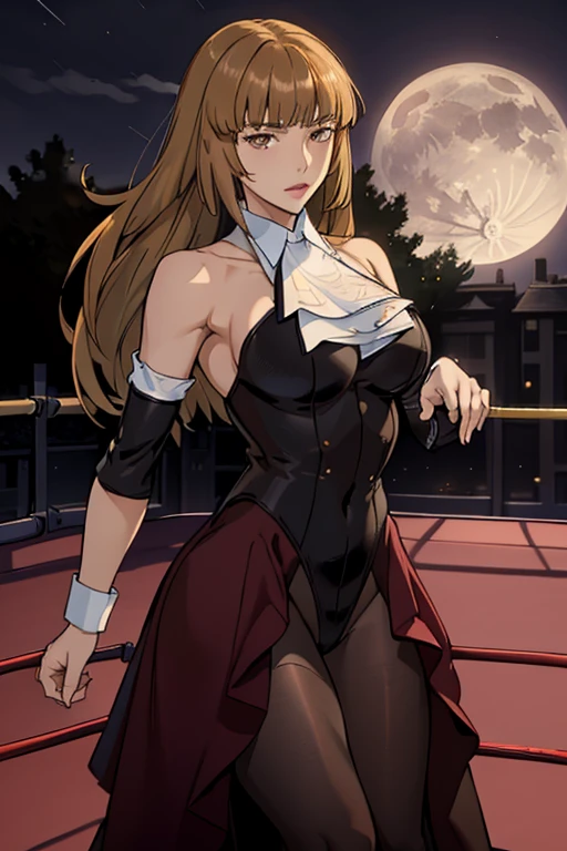 (masterpiece),(best quality), Rosa, main outfit, long red skirt, ushiromiya ascot,  , beautiful face, beautiful moonlight, ((night)), best quality, ((Tight leotard)), ((sexy pose)), ((Wrestling ring)), (Big tits), (Wide hips), looking at the viewer