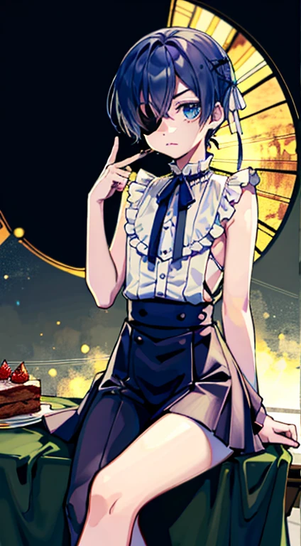 top-quality, masterpiece, Cielve 2, 1boy, 独奏, sitting on, The table, Cake slices, looking at viewert, an eye patch,Adonis、Agra、bare-legged、Tsundere face、swim wears、huge tit、The long-haired