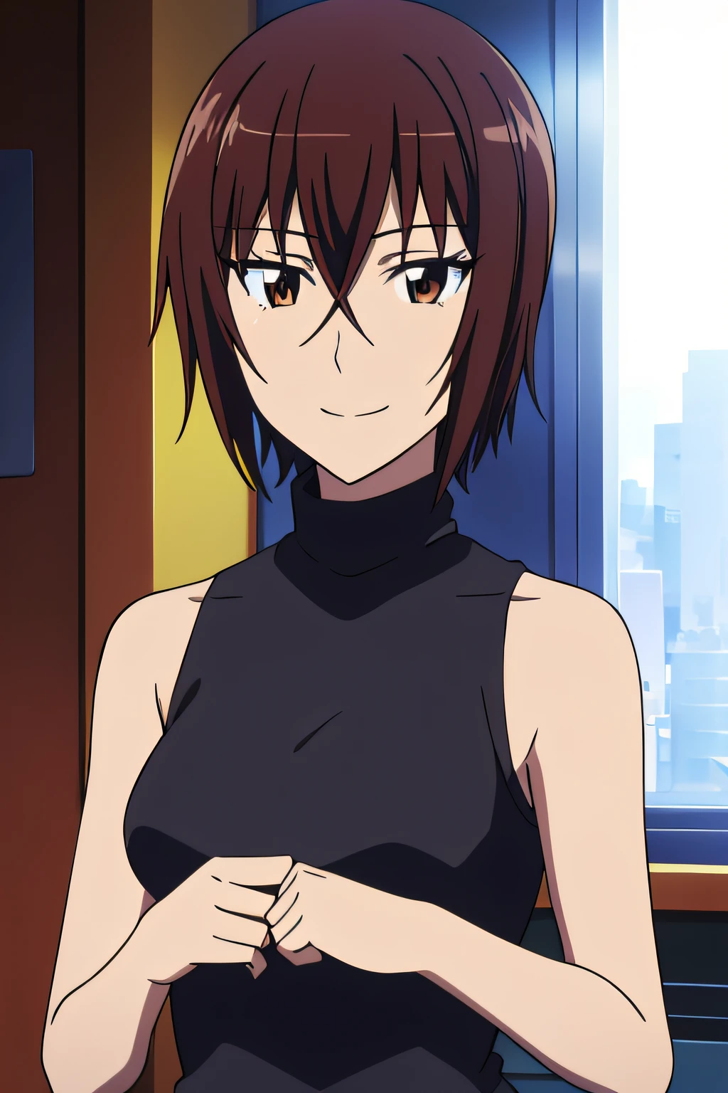 NARUKO, BROWN EYES, BROWN HAIR, SHORT HAIR, HAIR BETWEEN EYES, BANGS, sleeveless turtleneck, bare shoulders, black shirt, sleeveless shirt, 1girl, solo, upper body, facing viewer, looking at viewer, smile,