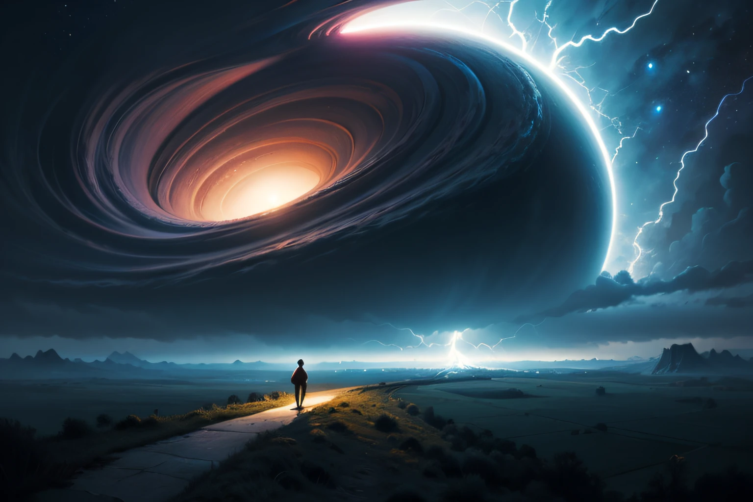 a man standing on a hill looking at a distant landscape, digital art inspired by Cyril Rolando, trending on Artstation, space art, beeple and tim hildebrandt, artgem and beeple masterpiece, beeple and jeremiah ketner, realism | beeple, beeple and jean giraud, beeple and greg rutkowski painting of a large cloud with a a gaping black hole to space, a surrealist painting by Michael Sutfin, shutterstock contest winner, surrealism, android jones and rhads, cloud vortex, thick swirling lightning ring, surrealistic painting, surrealist landscape painting, thunder clouds modernism, surreal scene, surreal clouds, jacek yerka and vladimir kush, surreal painting, lightning , star fields, the entire ground is made of reflective obsidian