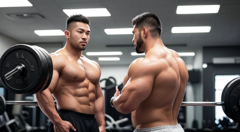 (Very detailed 8k wallpaper), two asian men, muscle worship, arms folded, At the gym, high detailing, buzzcut, very large and strong body, bulging muscles, well-muscled, very large pectoral muscles. Very sexy abs, legs are muscular, Toned figure, lightens oily skin, muscular, Tank top, T-shirt, longshot, Wide Shot