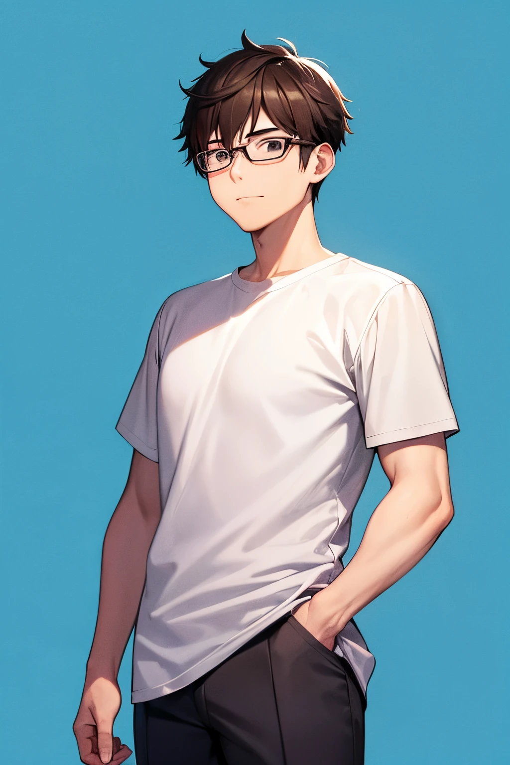 1 boy 19 years old, black messy hair, gray eyes, bespectacled, wearing a white sports shirt, wearing black gym shorts, stand seriously, standing, stand straight, shout, open mouth, eyes looking forward, face looking forward, from the side, upper body, jogging field, sunny weather, noon, extremely detailed, best graphics, 8k, ultrasharp, masterpiece