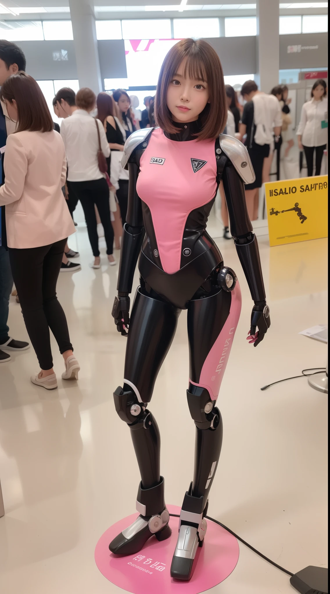 Robot Girl, pink there, Silver, Metallic body, Robot Parts, Metal Parts, Super Detailed Face, Super well-formed face, of the highest quality, a small face, a small head, Brown hair, Slender body, Camera gaze, Internal Mechanical Exposure, Idol, front facing, Well-proportioned body, sale, Exhibited, Event Hall, Moe Pose, job interview suit machine armor, Standing with legs open, Model body type, sad, Embarrassing,(Perfect Robot Girl),(Perfect machine body)
