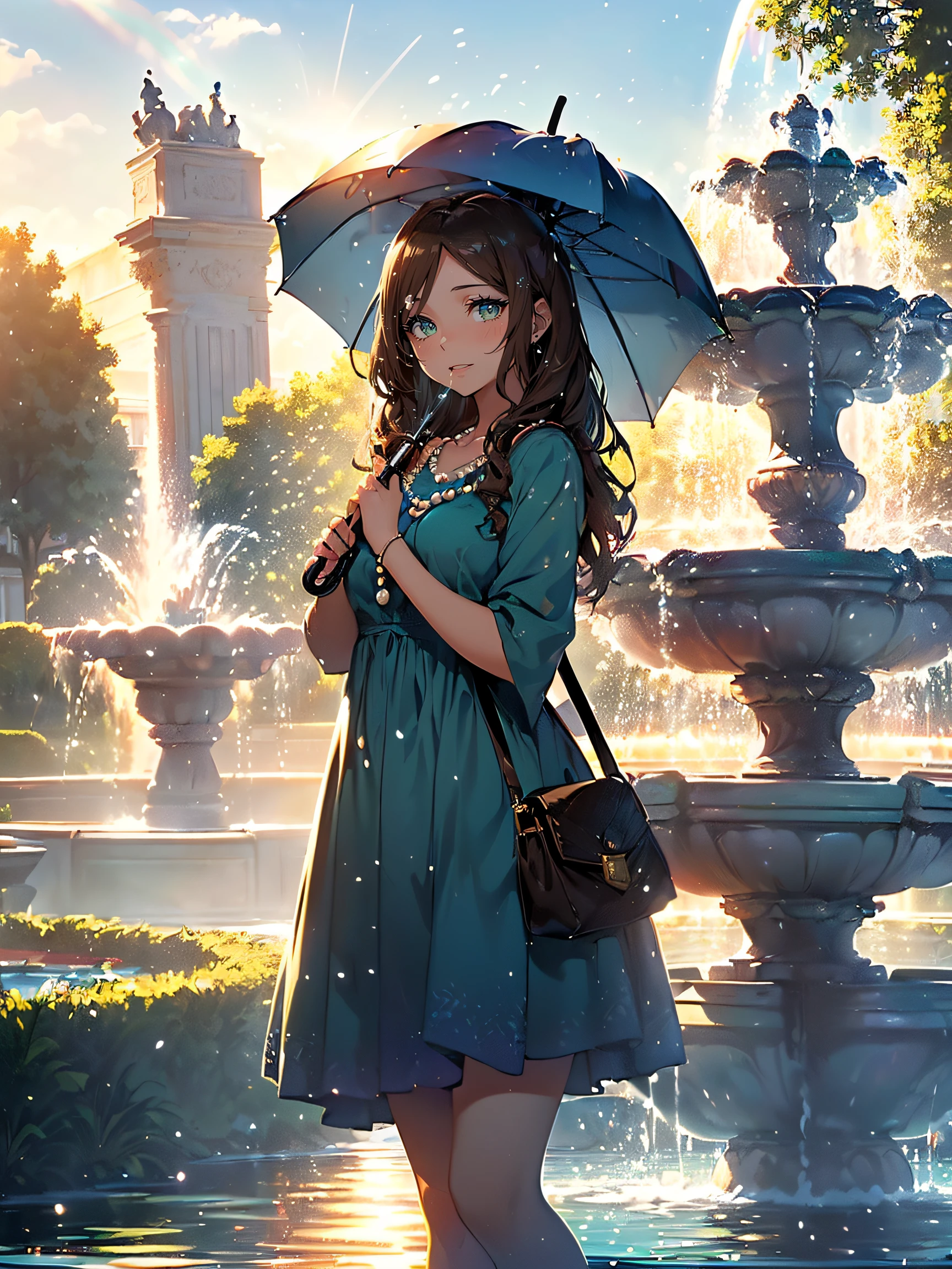 Beautiful woman and fountain:1.5, (Beautiful woman:1.4), (a woman who is attractive and pleasing to the eye:1.3), (usually has a symmetrical face, clear skin, and bright eyes:1.3), (often wears clothes, accessories, and makeup that suit her style and personality:1.3), (the beautiful woman is standing in front of a fountain:1.3), (she is wearing a blue dress and a pearl necklace:1.3), (she has long brown hair and green eyes:1.3), (she is holding an umbrella and a purse:1.3), (Fountain:1.4), (a structure that shoots water into the air for decoration or amusement:1.3), (usually found in parks, gardens, or squares:1.3), (often has lights, music, or sculptures to enhance the beauty:1.3), (the fountain is a large circular basin with a central jet:1.3), (the jet sprays water up to 15 meters high:1.3), (the water falls back into the basin creating a splash:1.3), (the fountain has a rainbow effect when the sun shines on it:1.3), (the fountain has a soothing sound of running water:1.3), (a portrait of the beautiful woman and the fountain in the background:1.4)