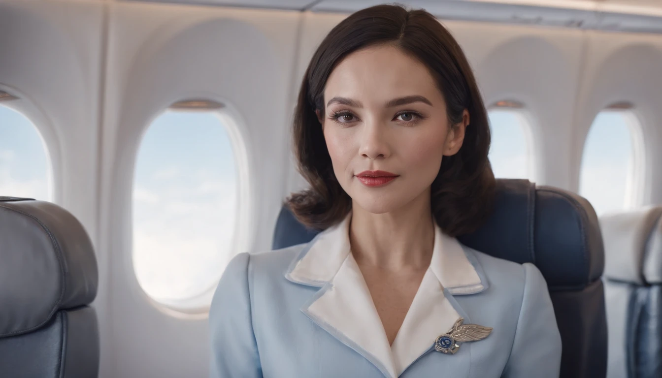 1womanl, 40 years、hyperdetailed face、Detailed lips、A detailed eye、二重まぶた、(Black bob hair、Like an airplane stewardess々Do a good job)、(Stewardess uniform:1.2)、(Glamorous body)、(Colossal tits)、smil、thighs thighs thighs thighs, Perfect fit, Perfect image realism, Background with: (Business Class aisle on airplanes:1.2), Cowboy Shot, Meticulous background, detailed costume, Perfect litthing、Hyper-Realism、(Photorealsitic:1.4)、8K maximum resolution, (masterpiece), ighly detailed, Professional