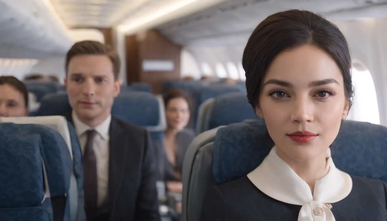 1womanl, 40 years、hyperdetailed face、Detailed lips、A detailed eye、二重まぶた、(Black bob hair、Like an airplane stewardess々Do a good job)、(Stewardess uniform:1.2)、(Glamorous body)、(Colossal tits)、smil、thighs thighs thighs thighs, Perfect fit, Perfect image realism, Background with: (Business Class aisle on airplanes:1.2), Cowboy Shot, Meticulous background, detailed costume, Perfect litthing、Hyper-Realism、(Photorealsitic:1.4)、8K maximum resolution, (​masterpiece), ighly detailed, Professional