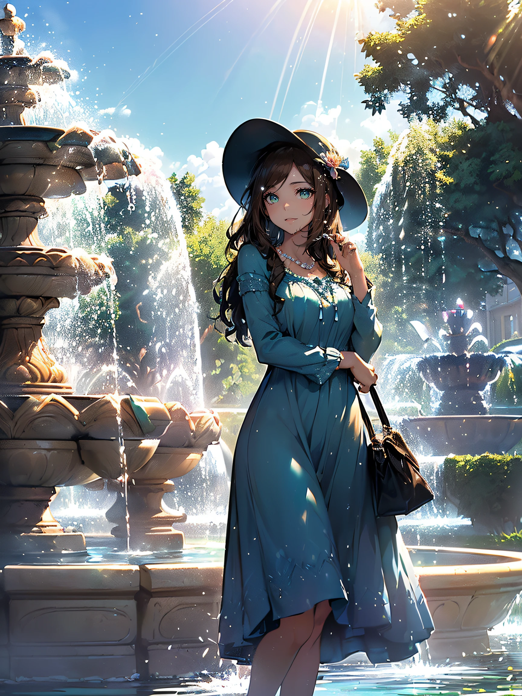 Beautiful woman and fountain:1.5, (Beautiful woman:1.4), (a woman who is attractive and pleasing to the eye:1.3), (usually has a symmetrical face, clear skin, and bright eyes:1.3), (often wears clothes, accessories, and makeup that suit her style and personality:1.3), (the beautiful woman is standing in front of a fountain:1.3), (she is wearing a blue dress and a pearl necklace:1.3), (she has long brown hair and green eyes:1.3), (she is holding an umbrella and a purse:1.3), (Fountain:1.4), (a structure that shoots water into the air for decoration or amusement:1.3), (usually found in parks, gardens, or squares:1.3), (often has lights, music, or sculptures to enhance the beauty:1.3), (the fountain is a large circular basin with a central jet:1.3), (the jet sprays water up to 15 meters high:1.3), (the water falls back into the basin creating a splash:1.3), (the fountain has a rainbow effect when the sun shines on it:1.3), (the fountain has a soothing sound of running water:1.3), (a portrait of the beautiful woman and the fountain in the background:1.4)